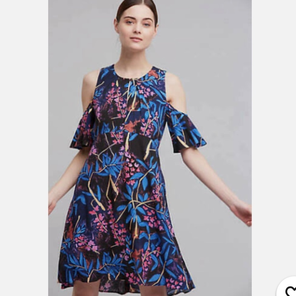 Anthropologie Maeve Elia Blue Floral Cold Shoulder Dress - Size 2
